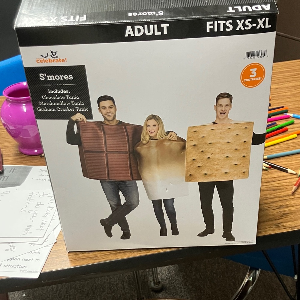 S’mores costume, three in the box, one chocolate, one marshmallow, one cracker